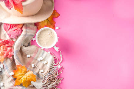 Autumn composition concept background. Cappuccino hot chocolate cup, with autumn bright leaves, pine cones, marshmallows, felt hat and blanket. Flatlay on pink trendy background, top view patternの写真素材