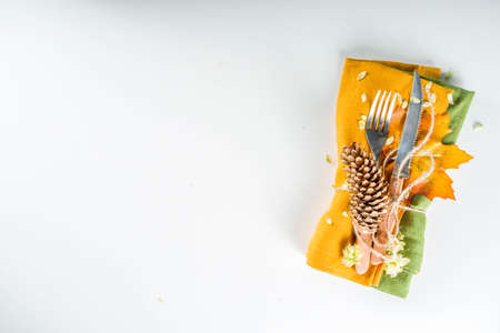 Autumn cutlery background. Fall card background for menu or invitation, banner format. With fork, knife, napkins, pumpkin, plate, multicolored leaves. On white table, top view copy spaceの写真素材