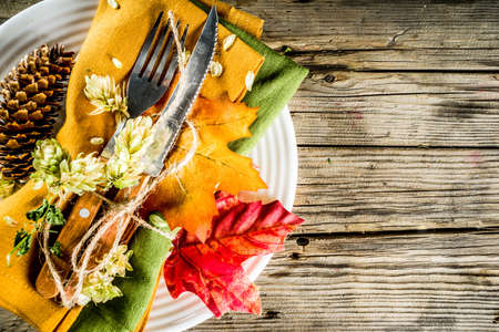Autumn cutlery background. Fall card background for menu or invitation, banner format. With fork, knife, napkins, pumpkin, plate, multicolored leaves. On rustic old wooden table, top view copy spaceの写真素材