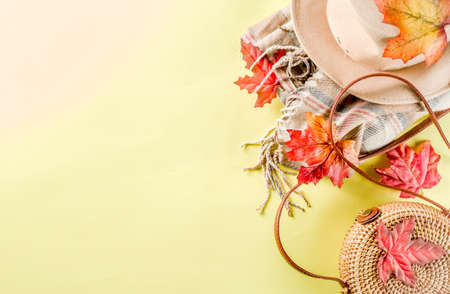 Multicolored autumn background. Women's felt hat, wicker bag, checkered plaid, autumn red yellow...