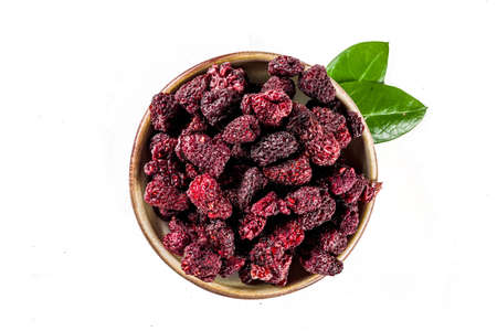 Heap of sun dried sweet raspberries isolated on white background. Top view
