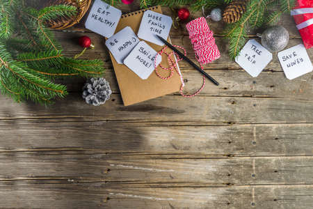 New year resolution concept with different plan and goals, with New year and Christmas decorations,...