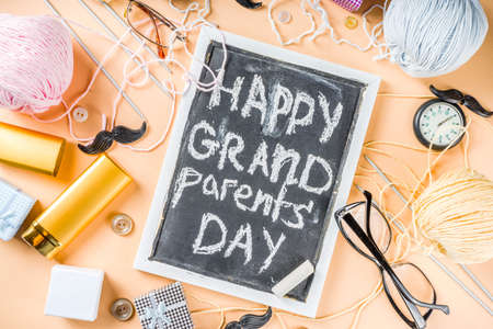 Happy Grandparents day background. Grandparents holiday gift card, granny and grandpa's day celebration, Flatlay copy spaceの写真素材