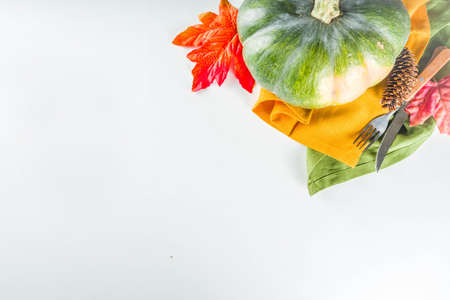 Autumn cutlery background. Fall card background for menu or invitation, banner format. With fork, knife, napkins, pumpkin, plate, multicolored leaves. On white table, top view copy spaceの写真素材