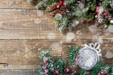 Christmas background with fir tree branches and decor. Top view, copy space