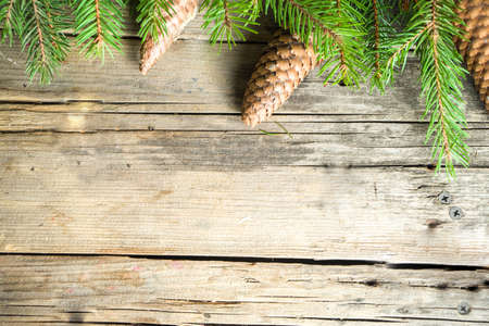 Christmas greeting background with Christmas tree branches, traditional decorations, gifts and xmas...