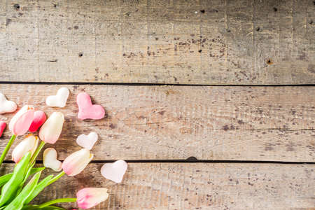 Valentine's day background with hearts and flowers, Flatlay top view copy spaceの写真素材