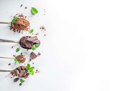 Different conditions of cocoa. Various cocoa - beans, beans, ground, crushed cocoa powder, chocolate paste, chocolate pieces and hot chocolate in a cup. In various spoons, white background aboveの写真素材