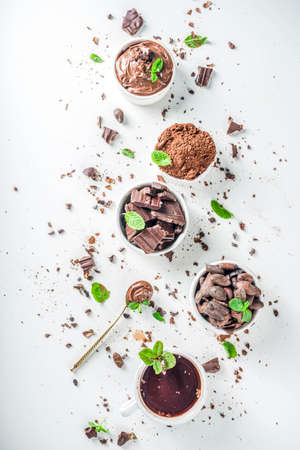 Different conditions of cocoa. Various cocoa - beans, beans, ground, crushed cocoa powder, chocolate paste, chocolate pieces and hot chocolate in a cup. In small bowls, white background aboveの写真素材
