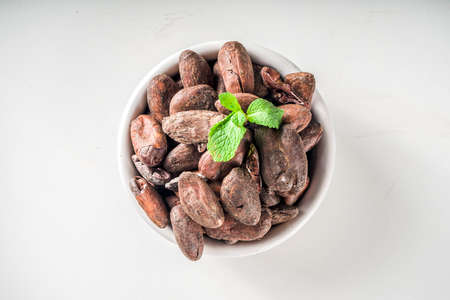 Cocoa beans on white background  top view copy spaceの写真素材