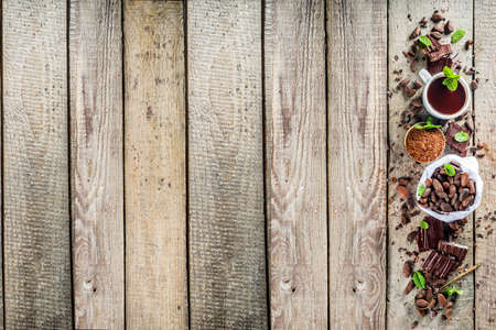 Different conditions of cocoa. Various cocoa - beans, beans, ground, crushed cocoa powder, chocolate...