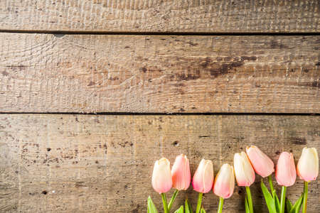 Spring and love concept. Valentine's day greetings background. Bouquet of pink tender tulip flowers on a wooden background. Top view place for text.の写真素材