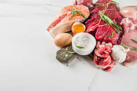 Carnivore diet background. Non vegan protein sources, Different meat food - chicken breast, pork...