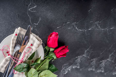 Valentines day table place setting. Romantic holidays background above copy space for testの写真素材
