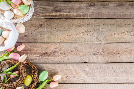 Spring Easter holiday. background. Zero waste Easter concept with traditional Easter decoration - eggs, flowers, branches, bunny.の写真素材