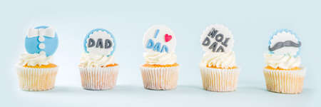 Happy Fatherâs Day greeting card.  Greetings and presents for Dad's day - gift box, coffee tea cup, tie, homemade special cupcakes. の写真素材