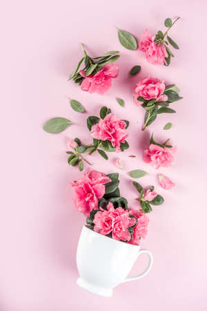 Tender Easter composition with easter eggs and pink spring flower branchesの写真素材