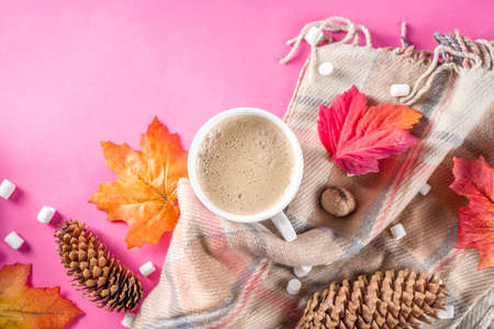Autumn composition concept background. Cappuccino hot chocolate cup, with autumn bright leaves, pine cones, marshmallows, felt hat and blanket. Flatlay on pink trendy background, top view patternの写真素材