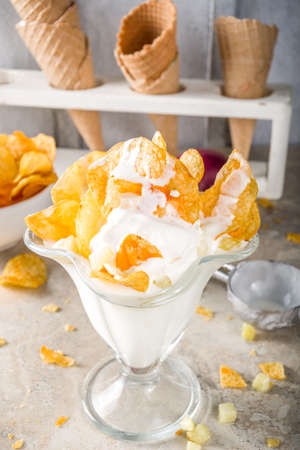 Trendy new york style american ice cream. Sweet and salty vanilla bean ice cream with apples and...