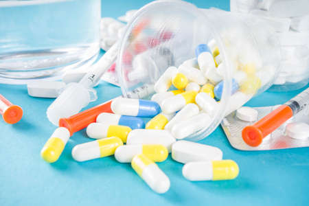 Pharmaceutical medicine pills concept, Assorted various pills, tablets and capsules with medical...