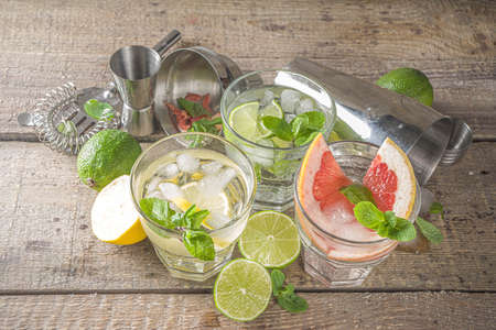 Summer detox beverage  concept. Citrus fruit drinks with ice. Healthy diet cocktail with making bar...