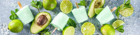 Homemade avocado ice creams. Vegan non-dairy ice cream. Avocado,lime and coconut healthy ice creams on grey stone background with fresh lime slices, avocados and ice.の写真素材