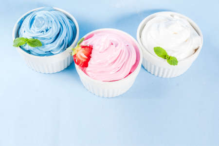 Healthy diet summer dessert, vanilla and berry frozen yogurt or  soft ice cream in white bowls, isolated on light blue  background copy spaceの写真素材
