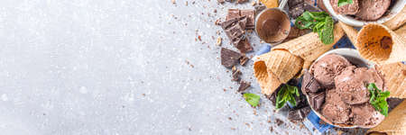 Homemade chocolate ice cream with chocolate pieces and shavings, and ice cream cones. In small white bowls on white grey stone table copy spaceの写真素材