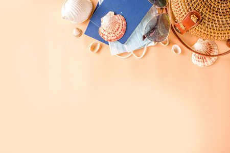 Optimistic coronavirus vacation concept. Summer 2020 vacation and travel background with medical...