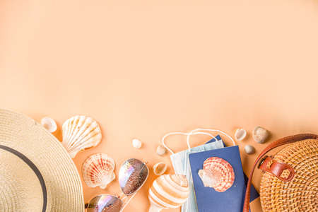 Optimistic coronavirus vacation concept. Summer 2020 vacation and travel background with medical...