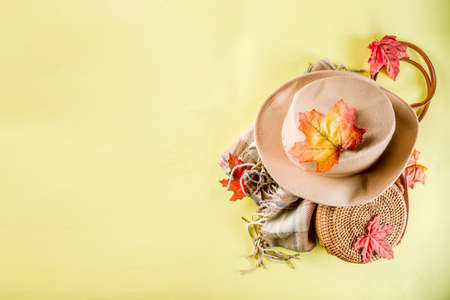 Multicolored autumn background. Women's felt hat, wicker bag, checkered plaid, autumn red yellow leaves. Yellow background, top view, wide composition. Autumn fashion, cozy fall concept, flatlayの写真素材