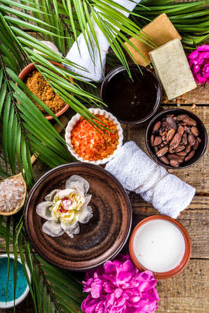 Natural spa ingredients on woodenの写真素材