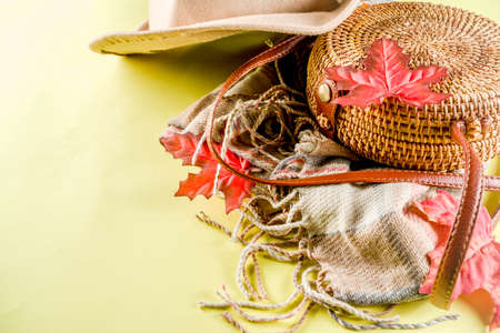 Multicolored autumn background. Women's felt hat, wicker bag, checkered plaid, autumn red yellow leaves. Yellow background, top view, wide composition. Autumn fashion, cozy fall concept, flatlayの写真素材