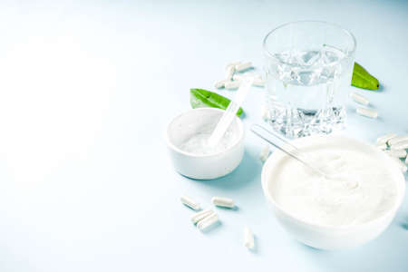 Three types of collagen: pills, gel cosmetics for the face, powder. Healthy lifestyle concept. Copy...