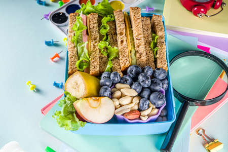 Healthy children school lunch box: sandwich, vegetables, fruit and mineral water bottle, with school supplies on, on light blue background copy spaceの写真素材