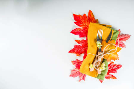 Autumn cutlery background. Fall card background for menu or invitation, banner format. With fork,...