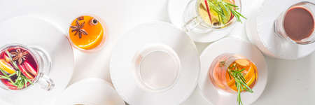 Various autumn winter alcohol drinks set. Different seasonal alcohol cocktails - mulled wine, glogg,...