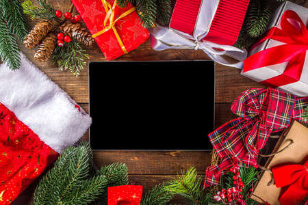 Christmas Sale Concept. Black friday, Green or Cyber Monday background with Laptop, Tablet,...