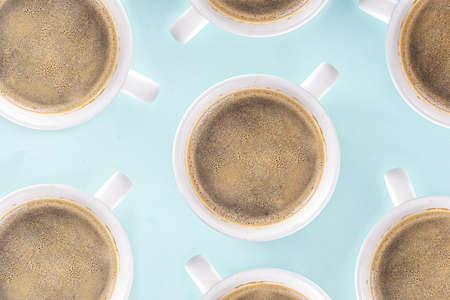 Coffee Espresso Cup Layout, Simple Pattern Above on turquoise table. Hot Breakfast Coffee Drink...