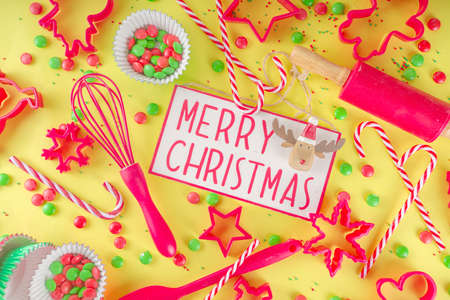 Christmas Baking Utensils and ingredients. Confectioner or Baker Workplace, with Utensils and...