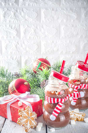 Hot chocolate in funny snowman bottles. Cocoa with marshmallow for winter holidays, Christmas and New Year kids partyの写真素材