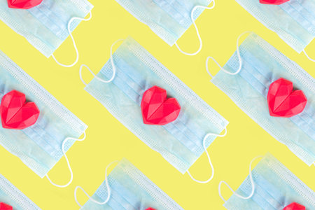 Red heart with medical mask, Valentine day or heath care, body renovation, protection concept,...