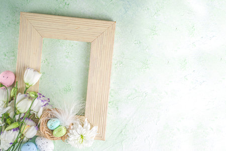 Happy Easter concept. Spring Easter holiday top view flat lay background with easter eggs in nests...