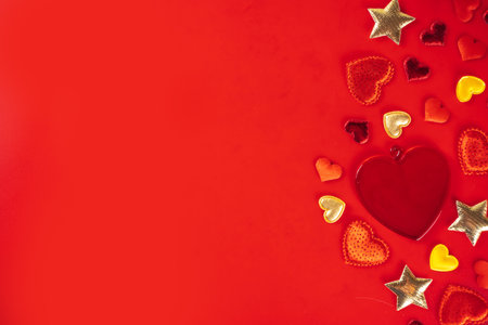 Valentine day red background with hearts flatlay top view copy spaceの写真素材