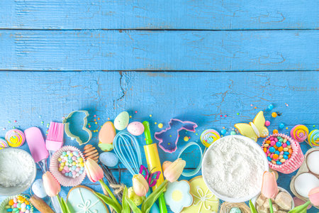 Easter baking background with rolling pin, whisk, eggs, flour and colorful sugar confetti on blue...