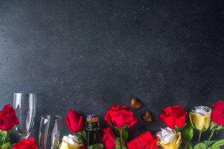 Valentines day greeting card concept with red rose flowers, champagne, chocolates and gift box. Top view flat lay on black concrete background with space for greetingsの写真素材