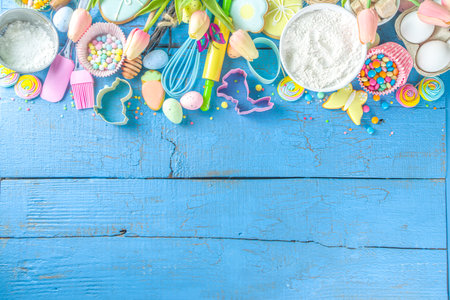 Easter baking background with rolling pin, whisk, eggs, flour and colorful sugar confetti on blue...