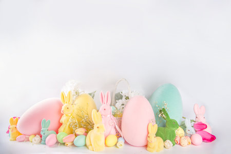 Spring Easter holiday greeting card, sale, invitation background. Easter decorations wide border...