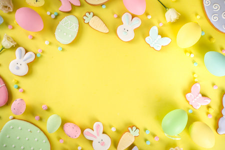 Easter cookie background. Colorful sugar glazed easter cookies, with letter Happy Easter and various...