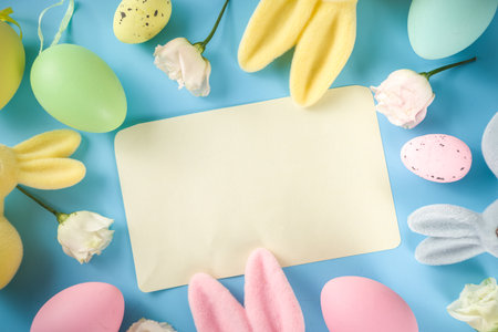 Spring Easter holiday greeting card, sale, invitation background. Colorful Easter Eggs and Bunny Rabbits, with Spring flowers on blue background top view flatlay with copy space for textの写真素材